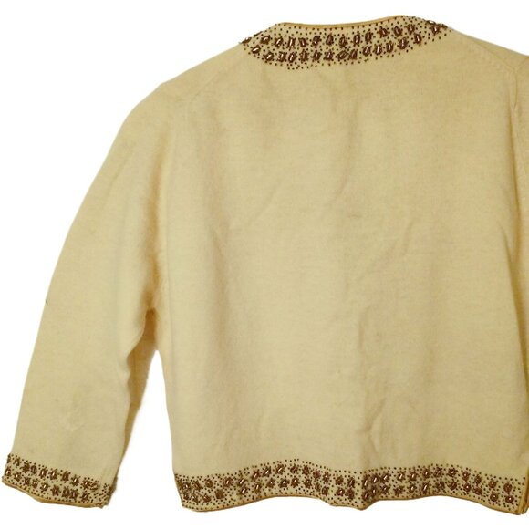 Vintage 50s Embellished Cashmere Cardigan Sweater Lady(38) Beaded-Border Lined - Picture 11 of 13